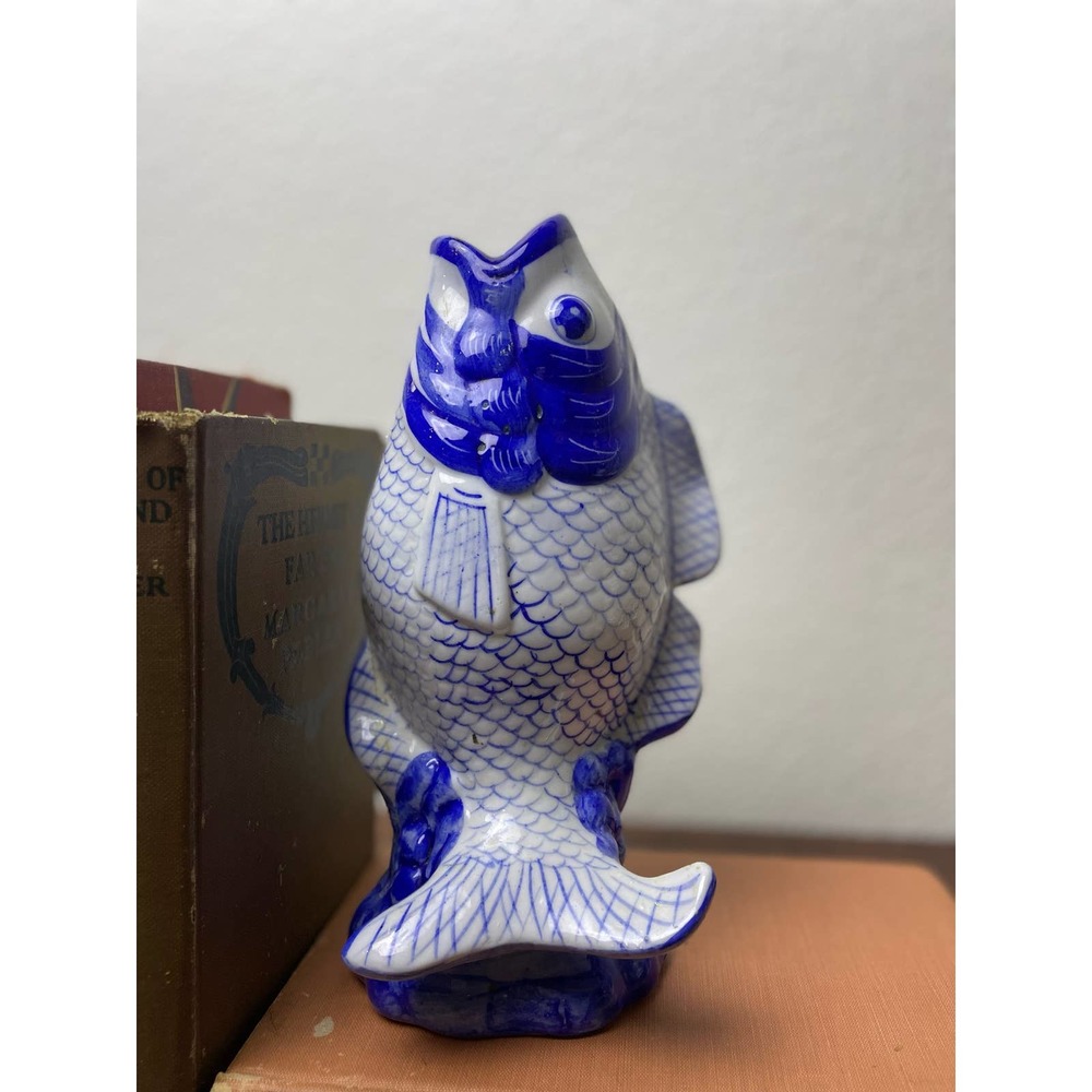 Koi Fish Porcelain Vase/Water Pitcher with Hand Painted Blue Glaze Details